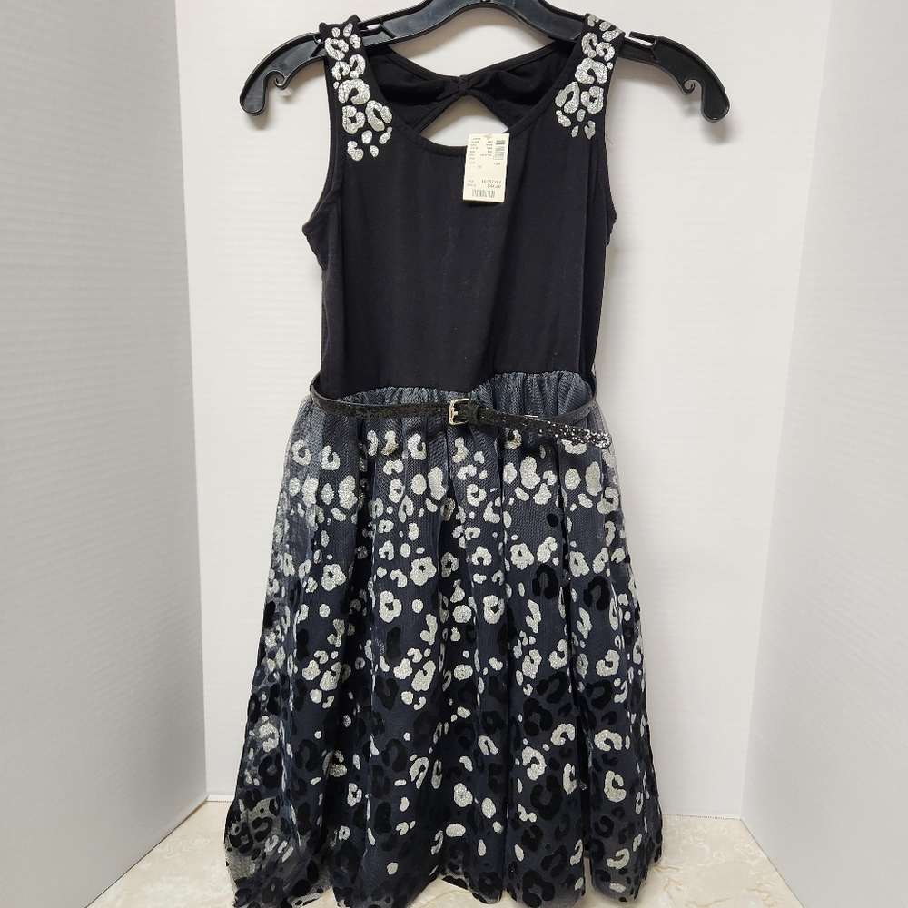 Justice Girls Black Silver Sparkle Animal Print Dress Cheetah New w/ Belt